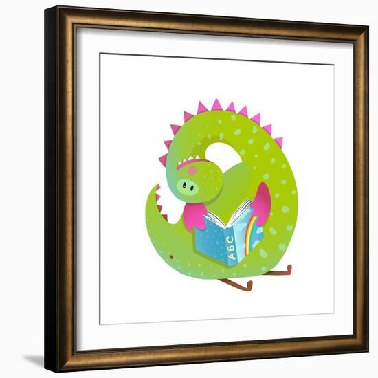 Baby Dragon Reading Book Study Cute Cartoon. Monster for Children, Funny Happy Dinosaur Drawing. Ve-Popmarleo-Framed Art Print