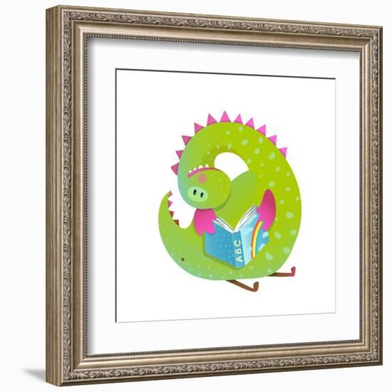 Baby Dragon Reading Book Study Cute Cartoon. Monster for Children, Funny Happy Dinosaur Drawing. Ve-Popmarleo-Framed Art Print