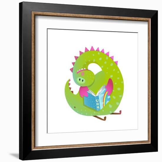 Baby Dragon Reading Book Study Cute Cartoon. Monster for Children, Funny Happy Dinosaur Drawing. Ve-Popmarleo-Framed Art Print