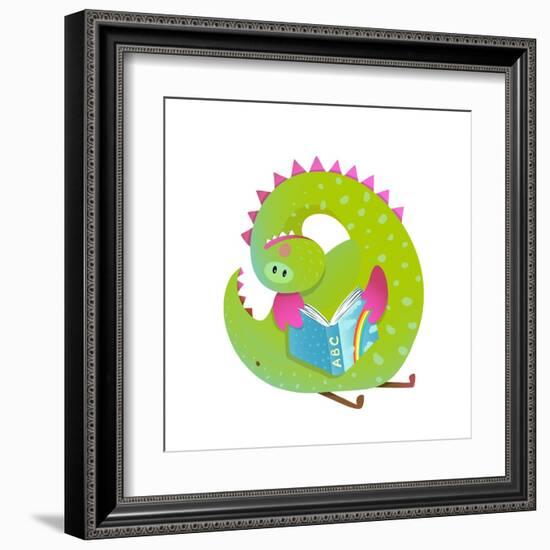 Baby Dragon Reading Book Study Cute Cartoon. Monster for Children, Funny Happy Dinosaur Drawing. Ve-Popmarleo-Framed Art Print