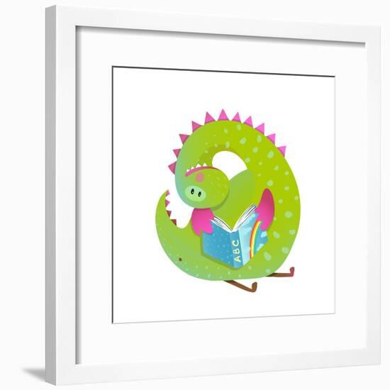 Baby Dragon Reading Book Study Cute Cartoon. Monster for Children, Funny Happy Dinosaur Drawing. Ve-Popmarleo-Framed Premium Giclee Print