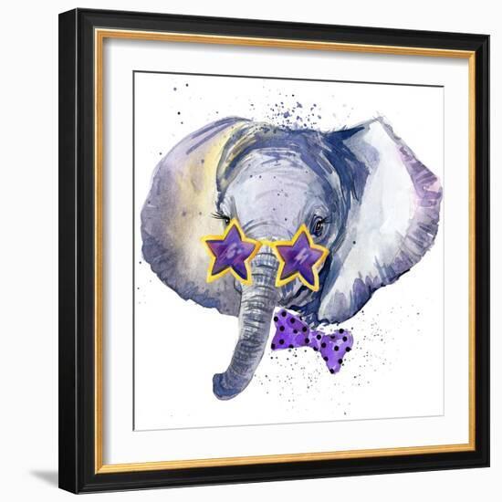 Baby Elephant T-Shirt Graphics. Baby Elephant Illustration with Splash Watercolor Textured Backgrou-Dabrynina Alena-Framed Art Print