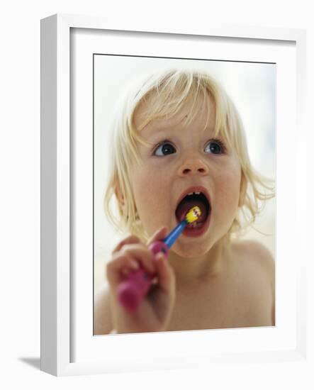 Baby Girl Brushing Teeth-Ian Boddy-Framed Photographic Print