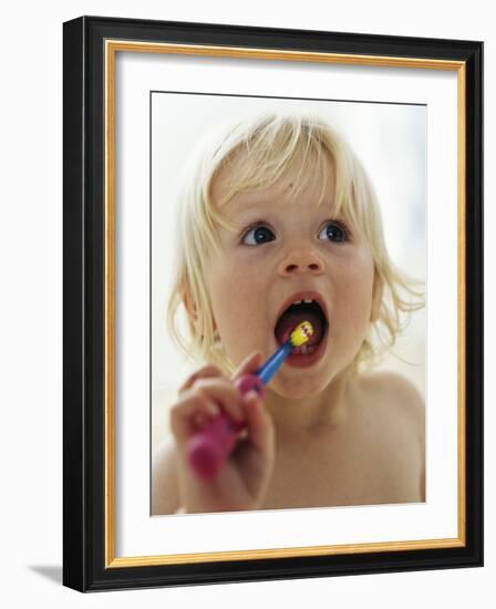 Baby Girl Brushing Teeth-Ian Boddy-Framed Photographic Print