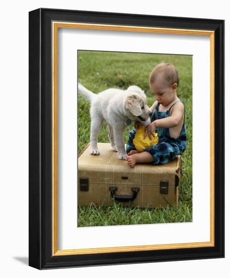 Baby Girl Playing with Puppy-Chris Lowe-Framed Photographic Print