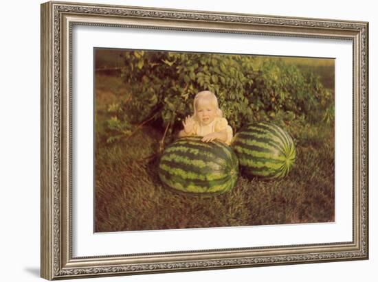 Baby Girl with Two Watermelons-null-Framed Art Print