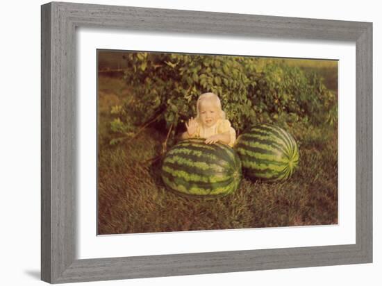 Baby Girl with Two Watermelons-null-Framed Art Print