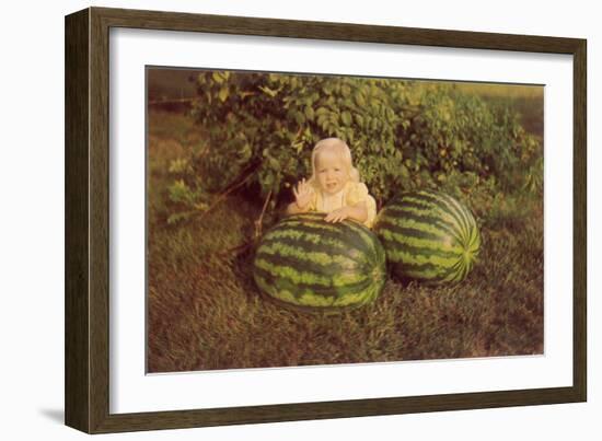 Baby Girl with Two Watermelons-null-Framed Art Print