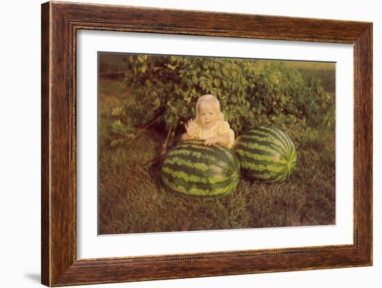 Baby Girl with Two Watermelons-null-Framed Art Print