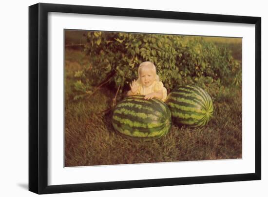 Baby Girl with Two Watermelons-null-Framed Art Print