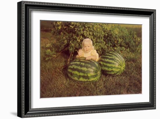 Baby Girl with Two Watermelons-null-Framed Art Print