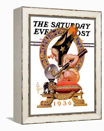 "Baby New Year and Crystal Ball," Saturday Evening Post Cover, January 4, 1936-Joseph Christian Leyendecker-Framed Premier Image Canvas