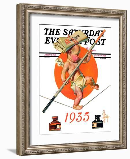 "Baby New Year Balances the Budget," Saturday Evening Post Cover, January 5, 1935-Joseph Christian Leyendecker-Framed Giclee Print