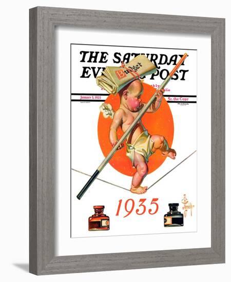 "Baby New Year Balances the Budget," Saturday Evening Post Cover, January 5, 1935-Joseph Christian Leyendecker-Framed Giclee Print