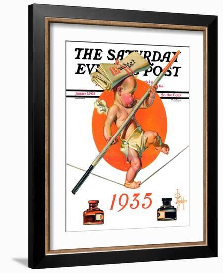 "Baby New Year Balances the Budget," Saturday Evening Post Cover, January 5, 1935-Joseph Christian Leyendecker-Framed Giclee Print