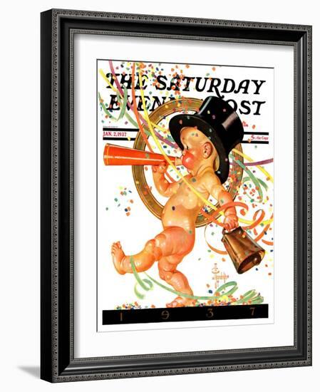 "Baby New Year Celebrates," Saturday Evening Post Cover, January 2, 1937-Joseph Christian Leyendecker-Framed Giclee Print