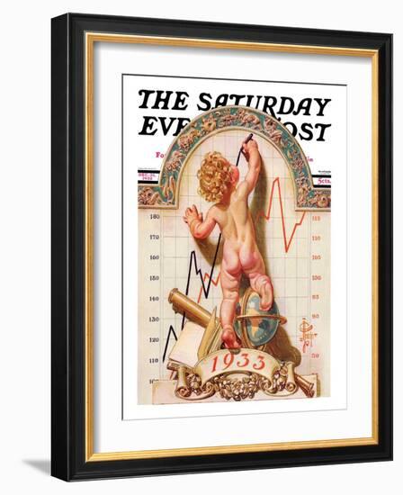 "Baby New Year Charting 1933," Saturday Evening Post Cover, December 31, 1932-Joseph Christian Leyendecker-Framed Giclee Print