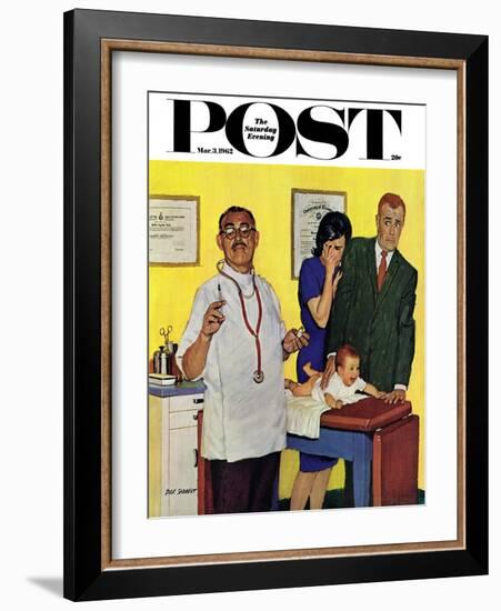 "Baby's First Shot," Saturday Evening Post Cover, March 3, 1962-Richard Sargent-Framed Giclee Print