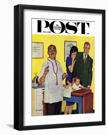 "Baby's First Shot," Saturday Evening Post Cover, March 3, 1962-Richard Sargent-Framed Giclee Print