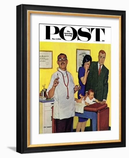 "Baby's First Shot," Saturday Evening Post Cover, March 3, 1962-Richard Sargent-Framed Giclee Print