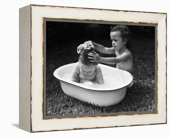 Baby Siblings Taking a Bath-Bettmann-Framed Premier Image Canvas