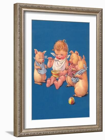 Baby with Pigs Eating Cereal-null-Framed Art Print