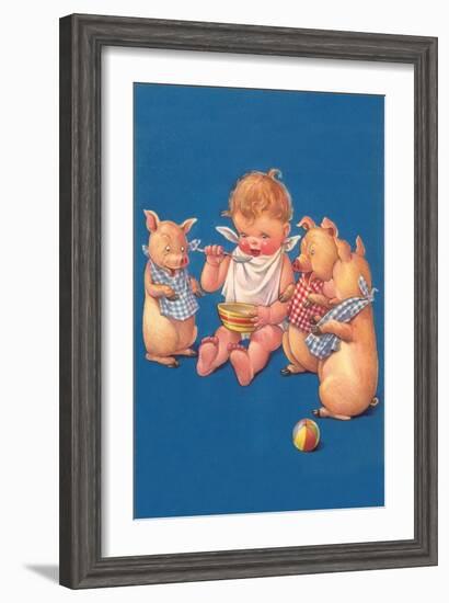 Baby with Pigs Eating Cereal-null-Framed Art Print