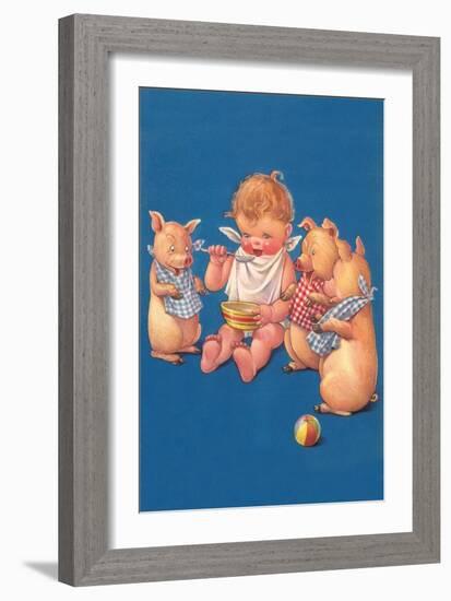 Baby with Pigs Eating Cereal-null-Framed Art Print