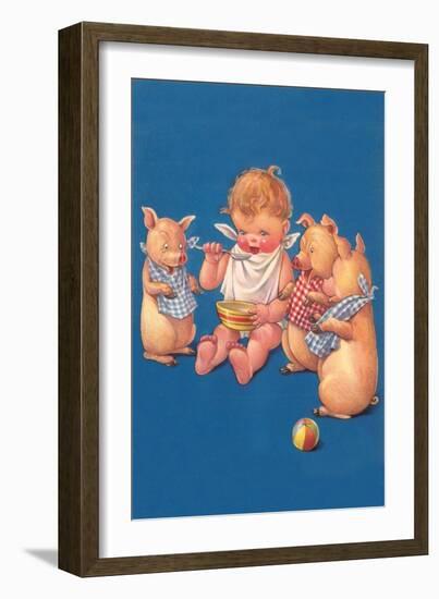 Baby with Pigs Eating Cereal-null-Framed Art Print