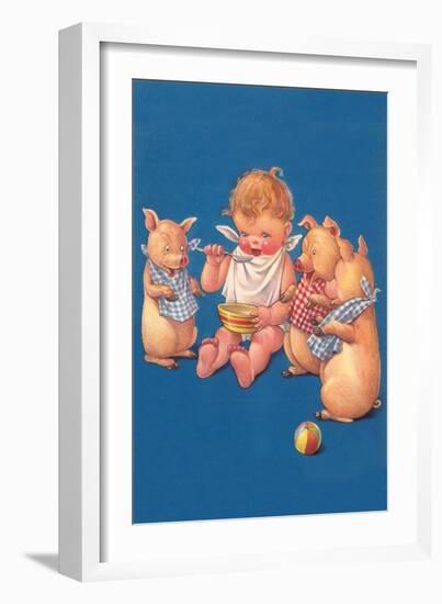 Baby with Pigs Eating Cereal-null-Framed Art Print