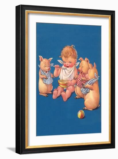 Baby with Pigs Eating Cereal-null-Framed Art Print