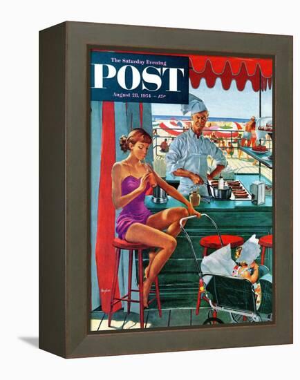 "Babysitter at Beach Stand" Saturday Evening Post Cover, August 28, 1954-George Hughes-Framed Premier Image Canvas