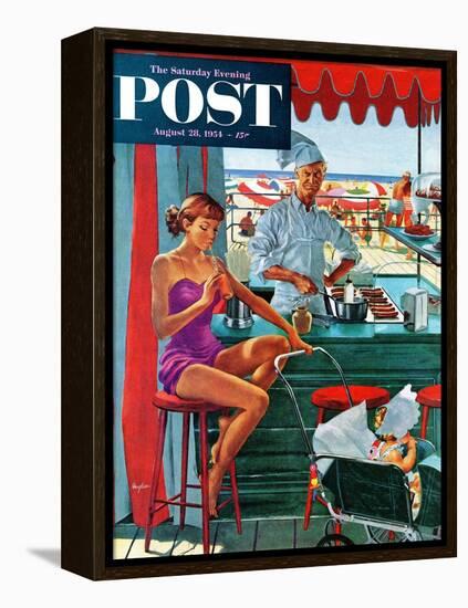 "Babysitter at Beach Stand" Saturday Evening Post Cover, August 28, 1954-George Hughes-Framed Premier Image Canvas
