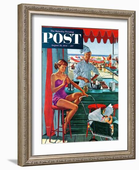 "Babysitter at Beach Stand" Saturday Evening Post Cover, August 28, 1954-George Hughes-Framed Giclee Print