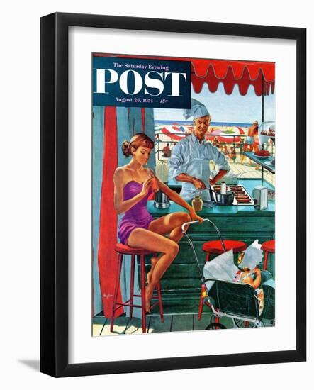 "Babysitter at Beach Stand" Saturday Evening Post Cover, August 28, 1954-George Hughes-Framed Giclee Print