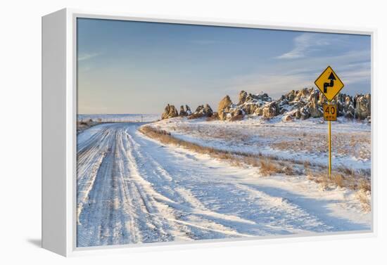 Back Country Road over Prairie at Natural Fort in Northern Colorado in Winter Scenery, a Road Sign-PixelsAway-Framed Premier Image Canvas