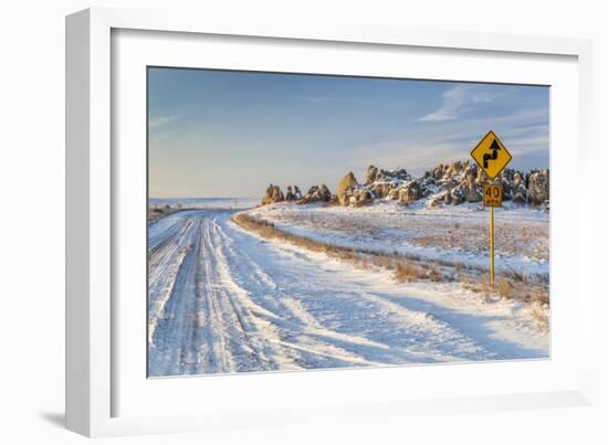 Back Country Road over Prairie at Natural Fort in Northern Colorado in Winter Scenery, a Road Sign-PixelsAway-Framed Photographic Print