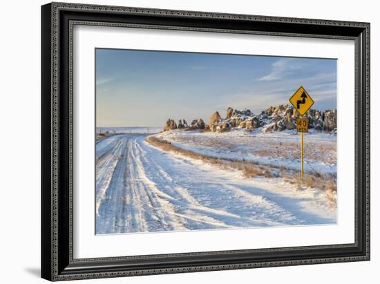 Back Country Road over Prairie at Natural Fort in Northern Colorado in Winter Scenery, a Road Sign-PixelsAway-Framed Photographic Print