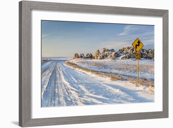 Back Country Road over Prairie at Natural Fort in Northern Colorado in Winter Scenery, a Road Sign-PixelsAway-Framed Photographic Print