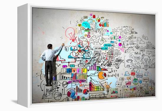 Back View of Businessman Drawing Sketch on Wall-Sergey Nivens-Framed Premier Image Canvas