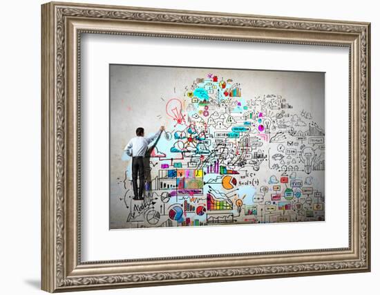 Back View of Businessman Drawing Sketch on Wall-Sergey Nivens-Framed Photographic Print