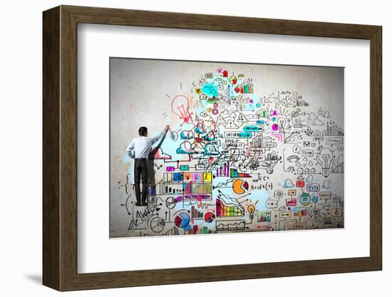 Back View of Businessman Drawing Sketch on Wall-Sergey Nivens-Framed Photographic Print