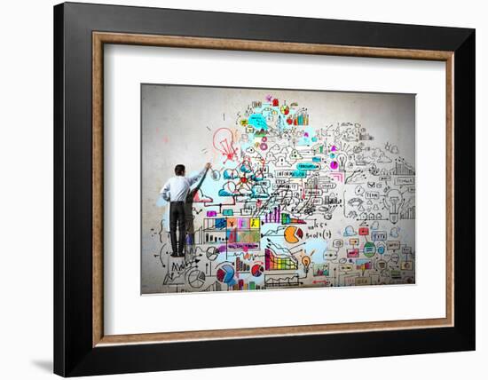 Back View of Businessman Drawing Sketch on Wall-Sergey Nivens-Framed Photographic Print