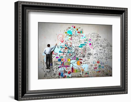 Back View of Businessman Drawing Sketch on Wall-Sergey Nivens-Framed Photographic Print