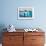 Back View of Father and Kids Sitting on Wooden Dock Looking to Ocean-BlueOrange Studio-Framed Photographic Print displayed on a wall