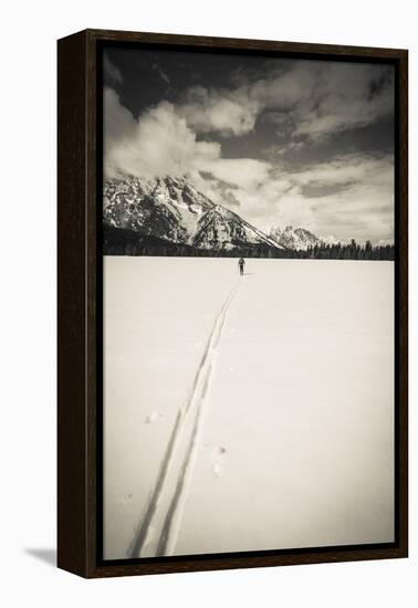 Backcountry skier under Mount Moran, Grand Teton National Park, Wyoming, USA-Russ Bishop-Framed Premier Image Canvas