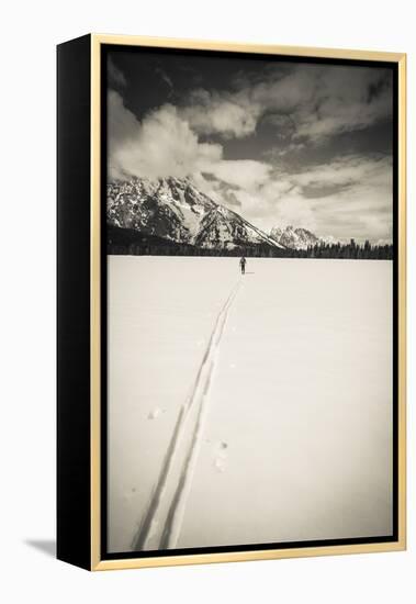 Backcountry skier under Mount Moran, Grand Teton National Park, Wyoming, USA-Russ Bishop-Framed Premier Image Canvas