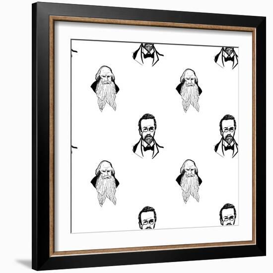 Background with Hand Drawing Inky Portraits of the Great Russian Writers: Chekhov, Tolstoy, Pushkin-Sopelkin-Framed Premium Giclee Print