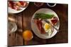 Bacon, A Sunny Side Up Egg, Pan Grilled Asparagus And Toast With Raspberry Jam On Wooden Farmtable-Shea Evans-Mounted Photographic Print