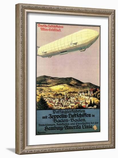 Baden-Baden, Germany - Luftschiff Zeppelin Airship over Town Poster-Lantern Press-Framed Art Print